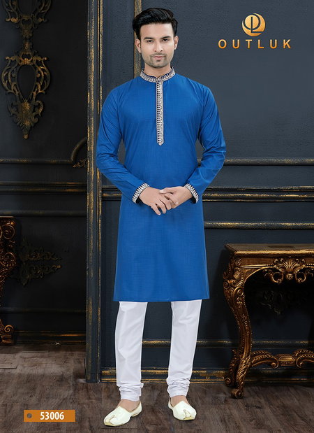 Blue Colour Outluk Vol 53 New Designer Festive Wear Cotton Latest Kurta Pajama Mens Collection 53006